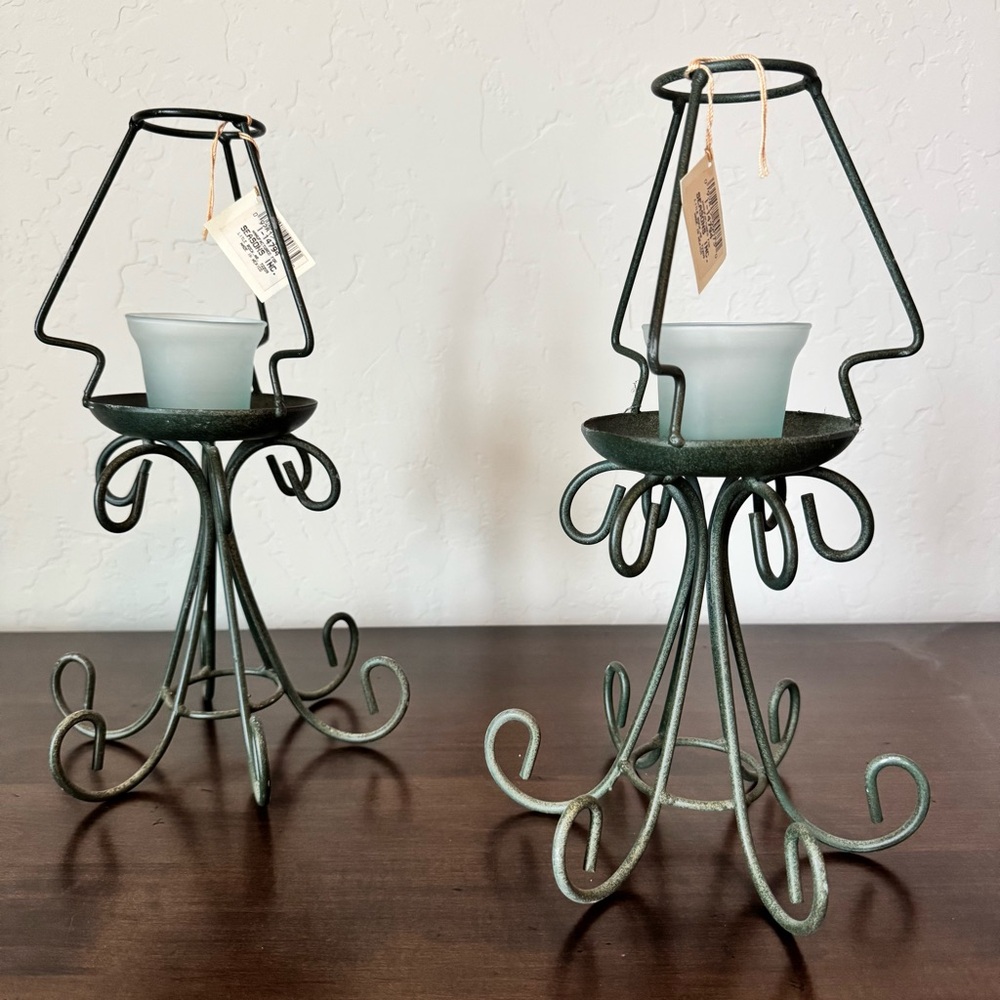 New Vintage Mexican Metal Candle Holders Set of 2 Frosted Glass Tea Light